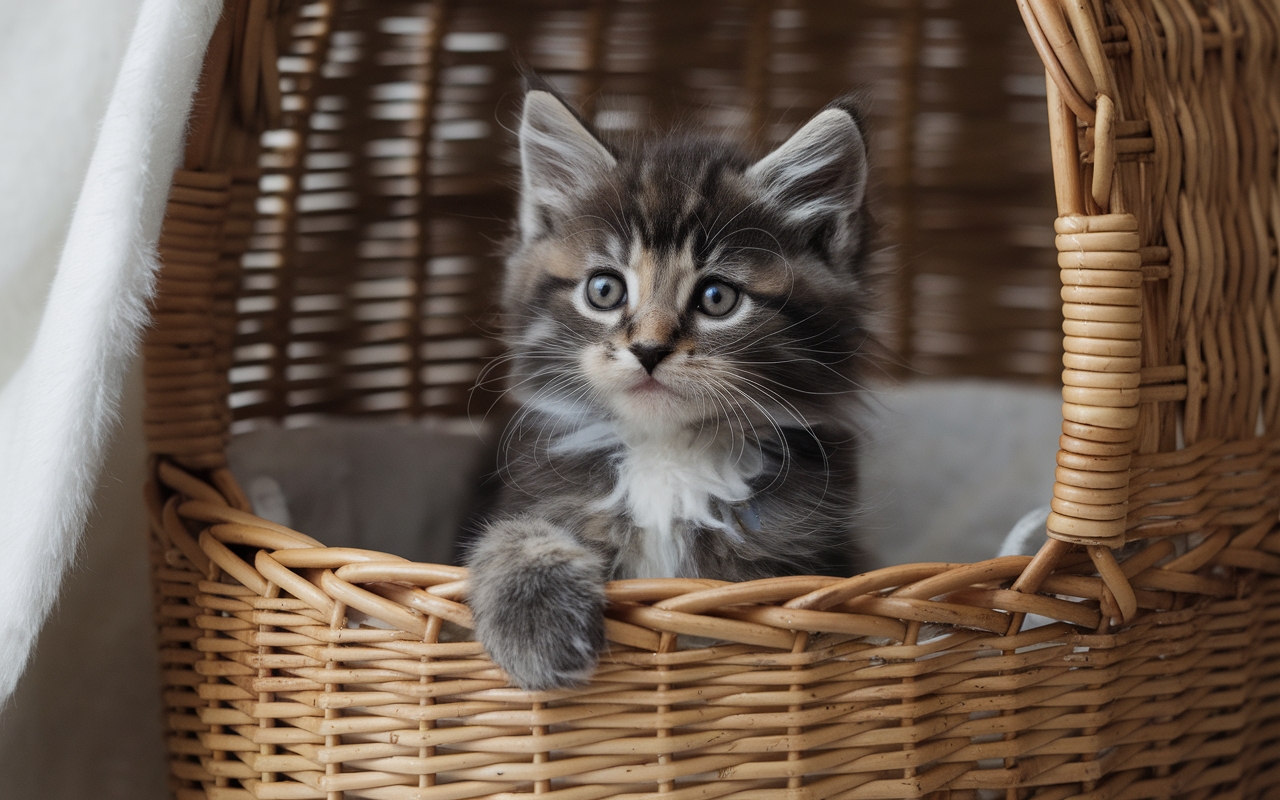 Fluffy tabby kitten with blue eyes sitting in a wicker basket, looking curious and alert.