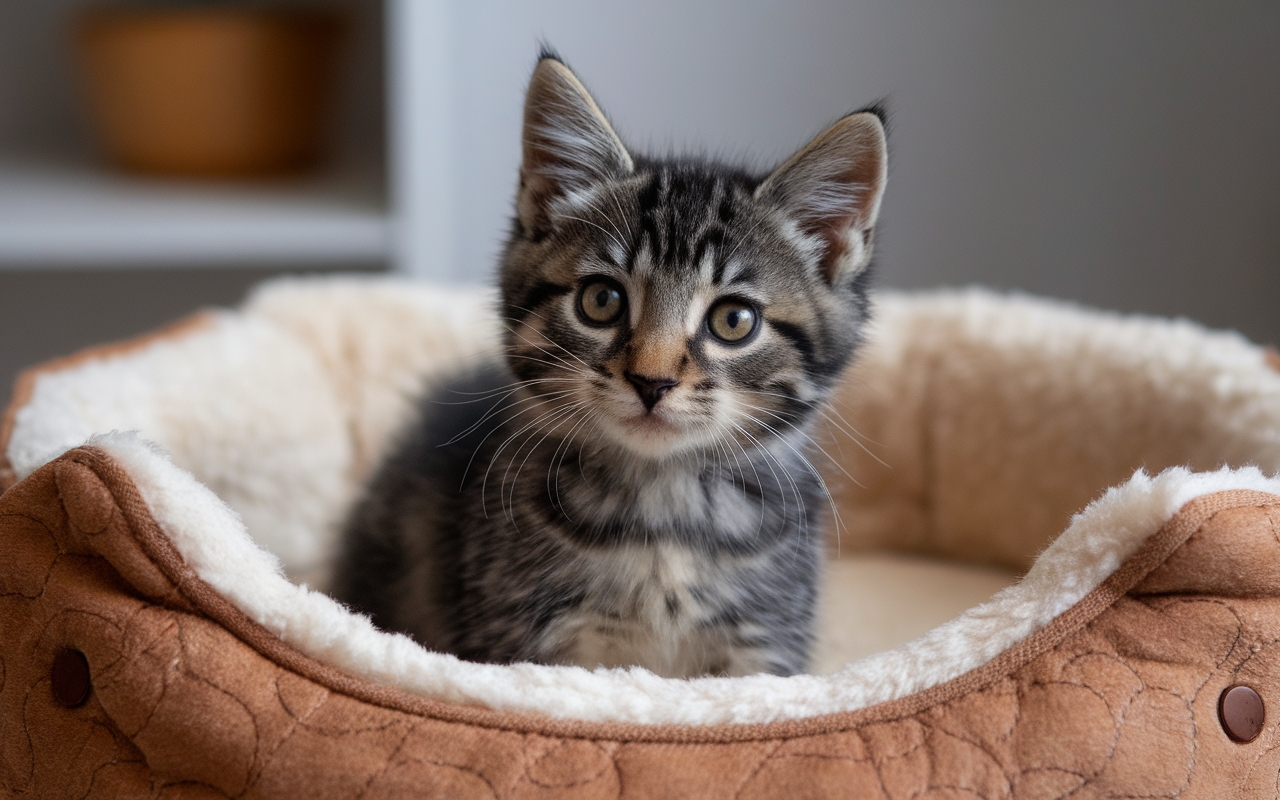 Tabby kitten with bright eyes sitting in a plush brown pet bed, looking curious and comfortable indoors.