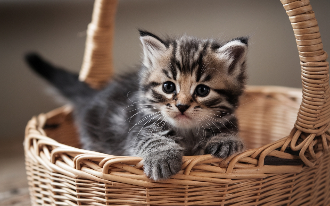 Fluffy tabby kitten with bright blue eyes resting in a wicker basket, gazing curiously with tiny paws gripping the edge.