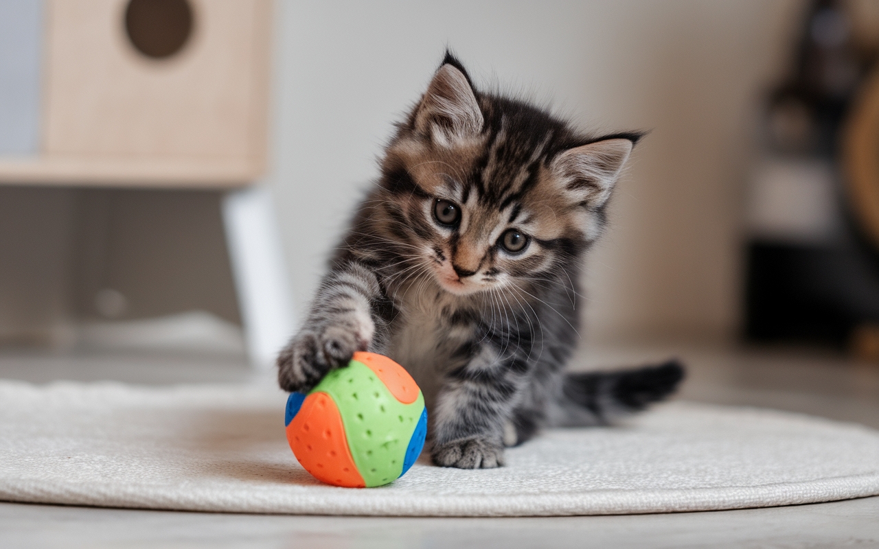 Playful tabby kitten batting a colorful toy ball on a soft rug, focusing intently on its game.