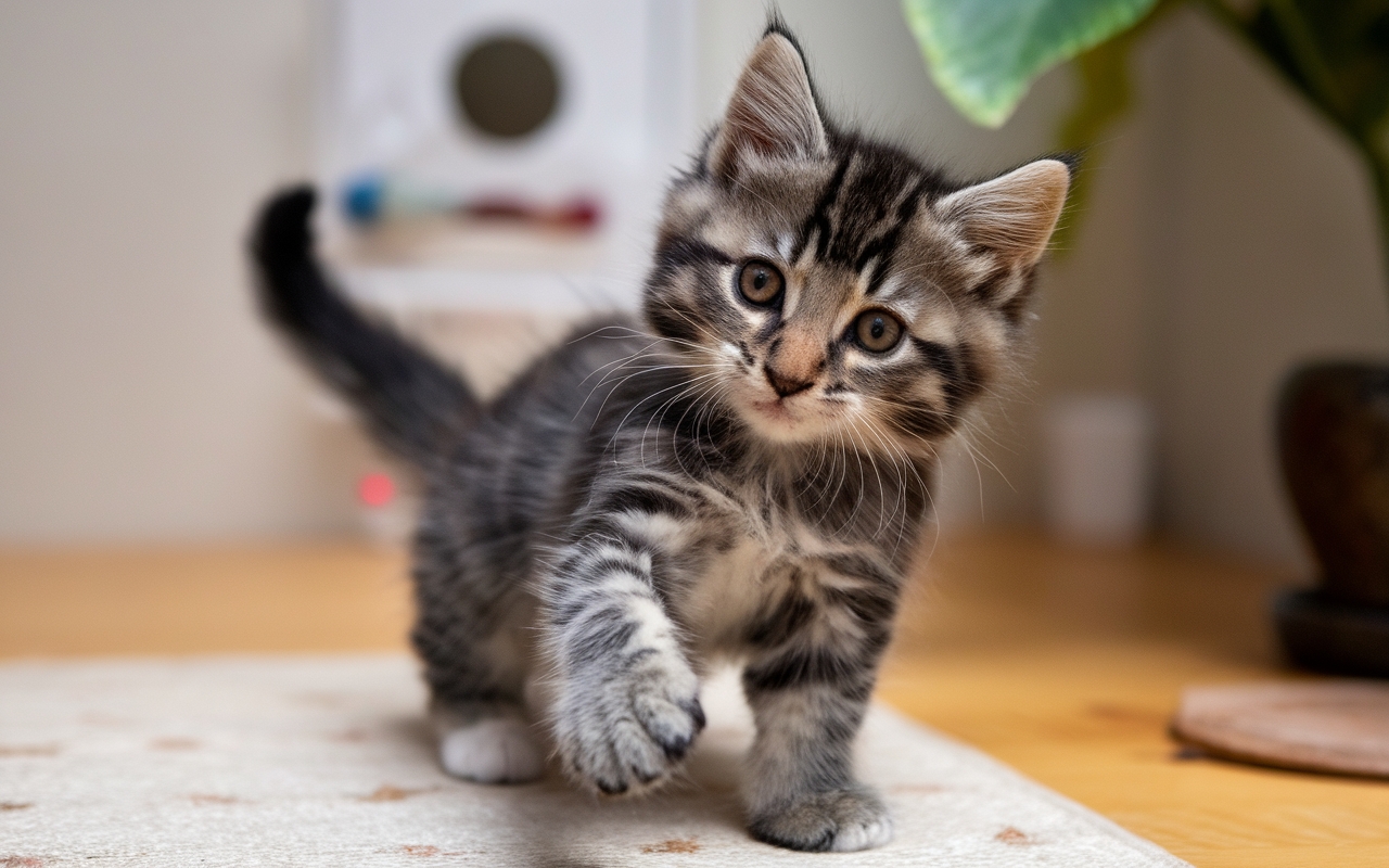 Curious tabby kitten with bright eyes reaching out with a paw while standing on a wooden floor.
