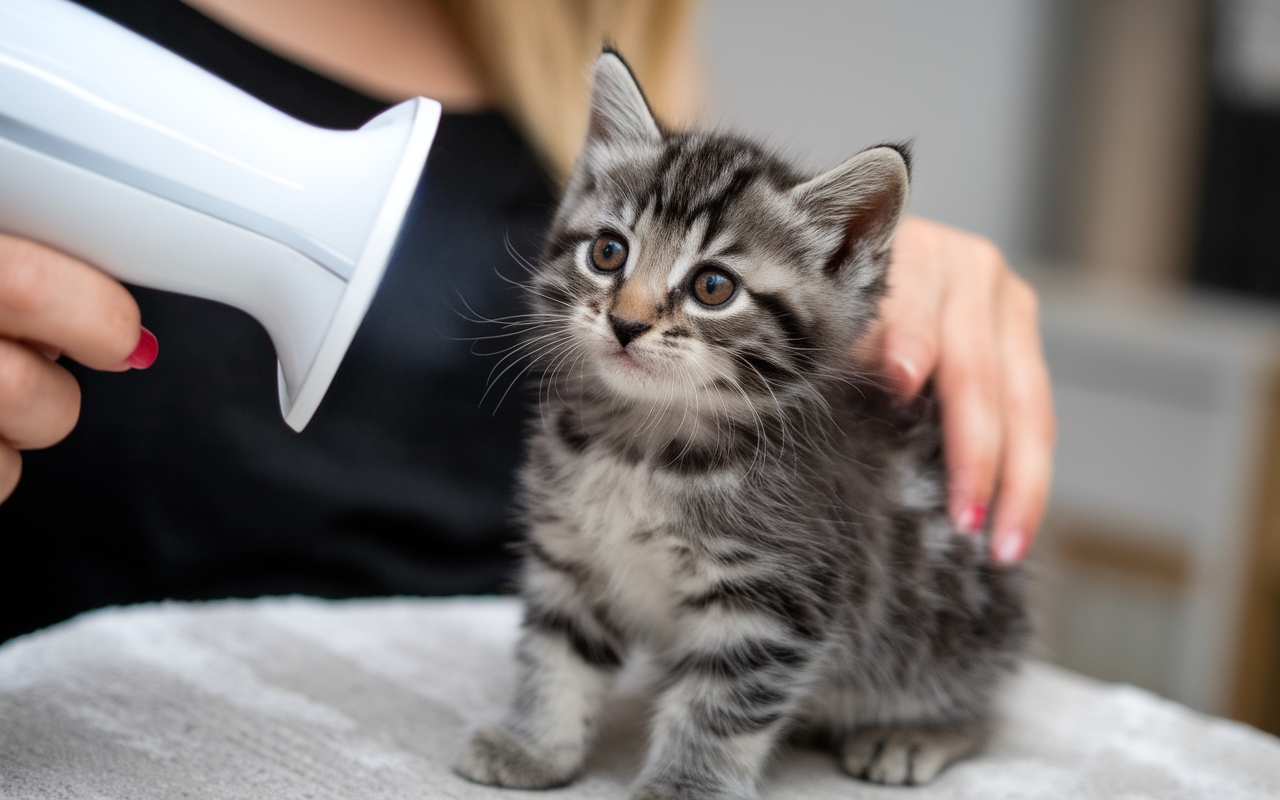 Fluffy tabby kitten sitting on a table while a person gently holds it and uses a blow dryer after a bath.