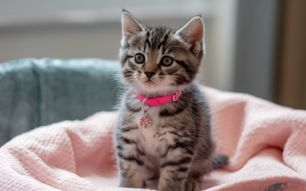 Adorable tabby kitten wearing a pink collar with a decorative charm, sitting on a soft pink blanket.