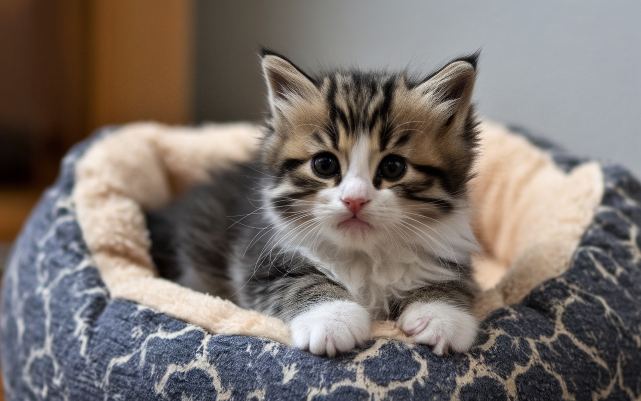 Fluffy long-haired kitten with white paws resting in a cozy blue and beige pet bed, gazing curiously.