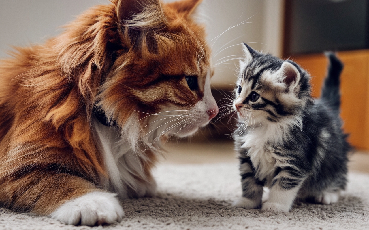 Fluffy tabby kitten and a large orange Maine Coon cat touching noses on a soft carpet, symbolizing growth and bonding.