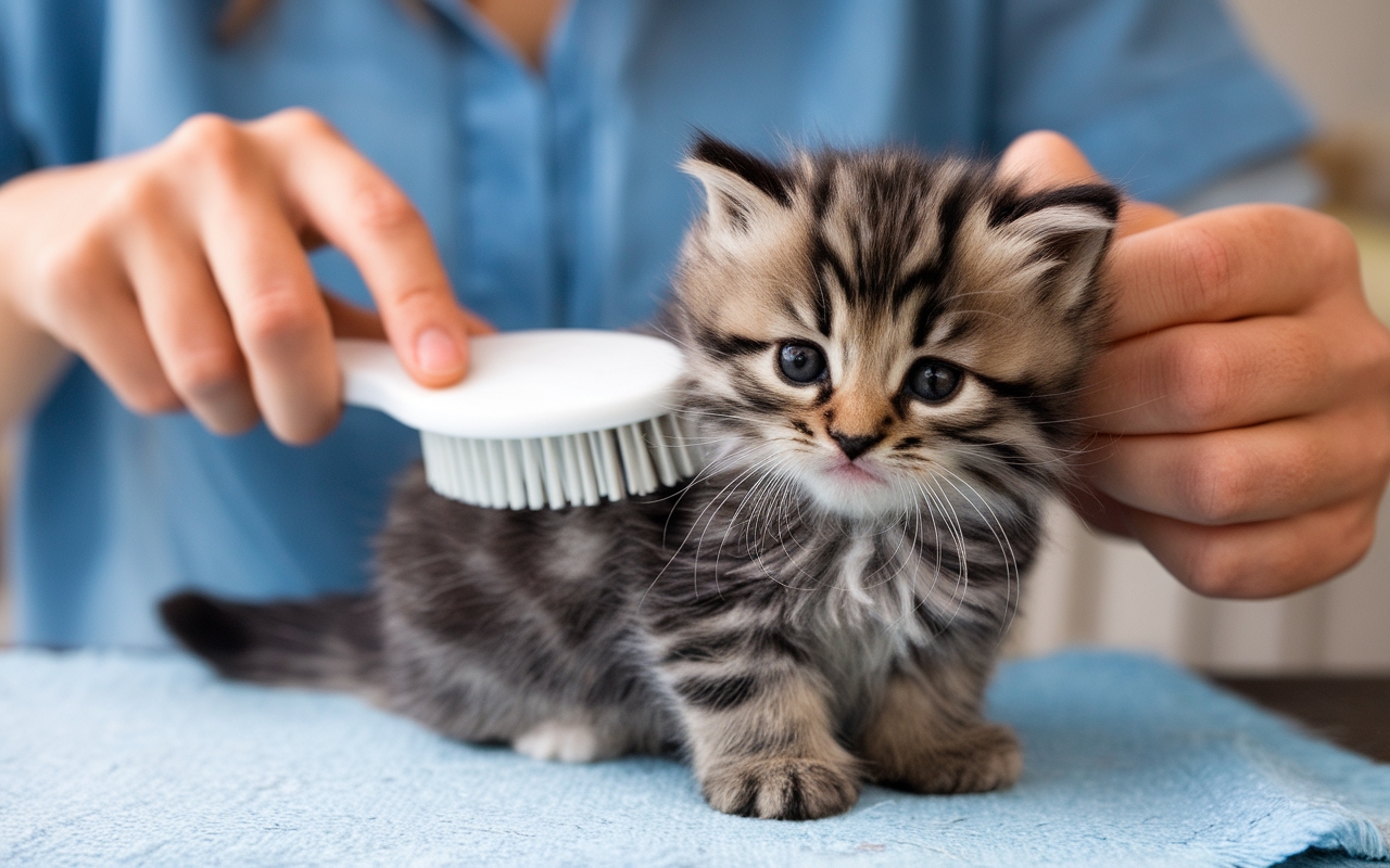 Fluffy tabby kitten being gently brushed by a person wearing a blue shirt, sitting on a soft blue towel.