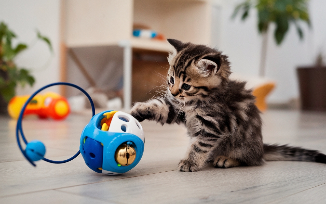Playful tabby kitten pawing at a blue interactive toy ball with a bell, engaging in fun and enrichment activities.