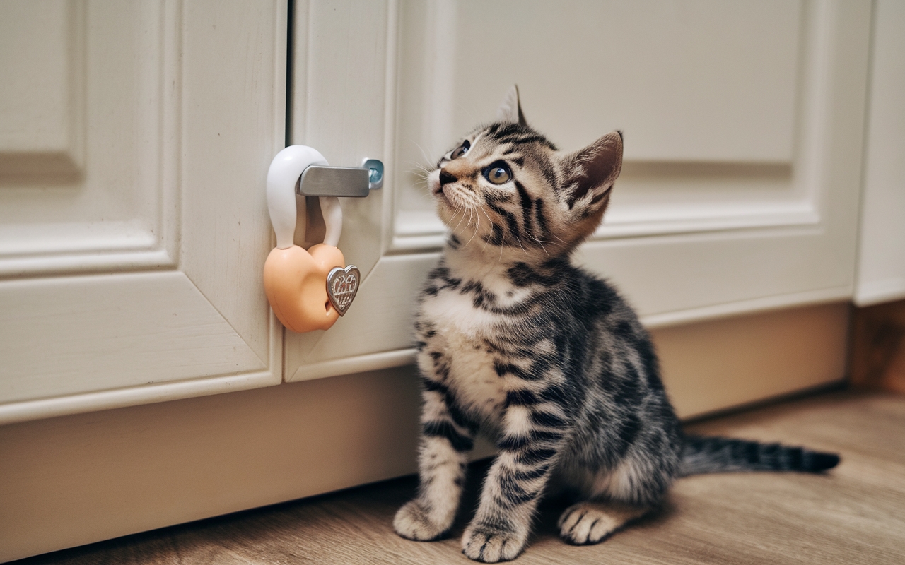 Curious tabby kitten looking up at a childproof cabinet lock, part of a kitten-proofed home for safety.