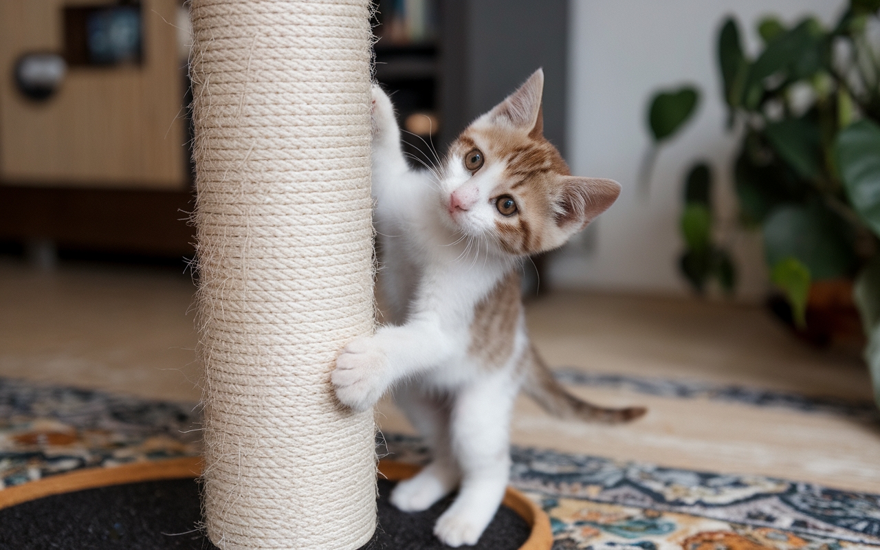 Adorable orange and white kitten scratching a sisal-covered scratching post in a cozy home setting.