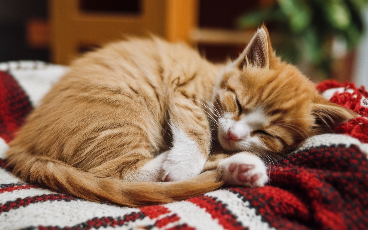 A fluffy orange and white kitten curled up and sleeping peacefully on a soft red and black plaid blanket.