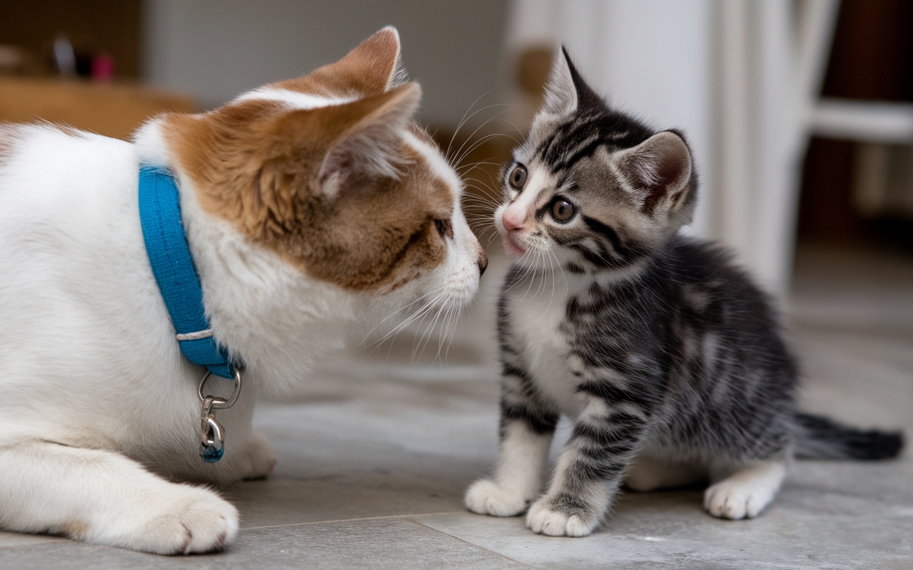 A small tabby kitten curiously interacts with an older cat wearing a blue collar, showcasing early socialization between felines.