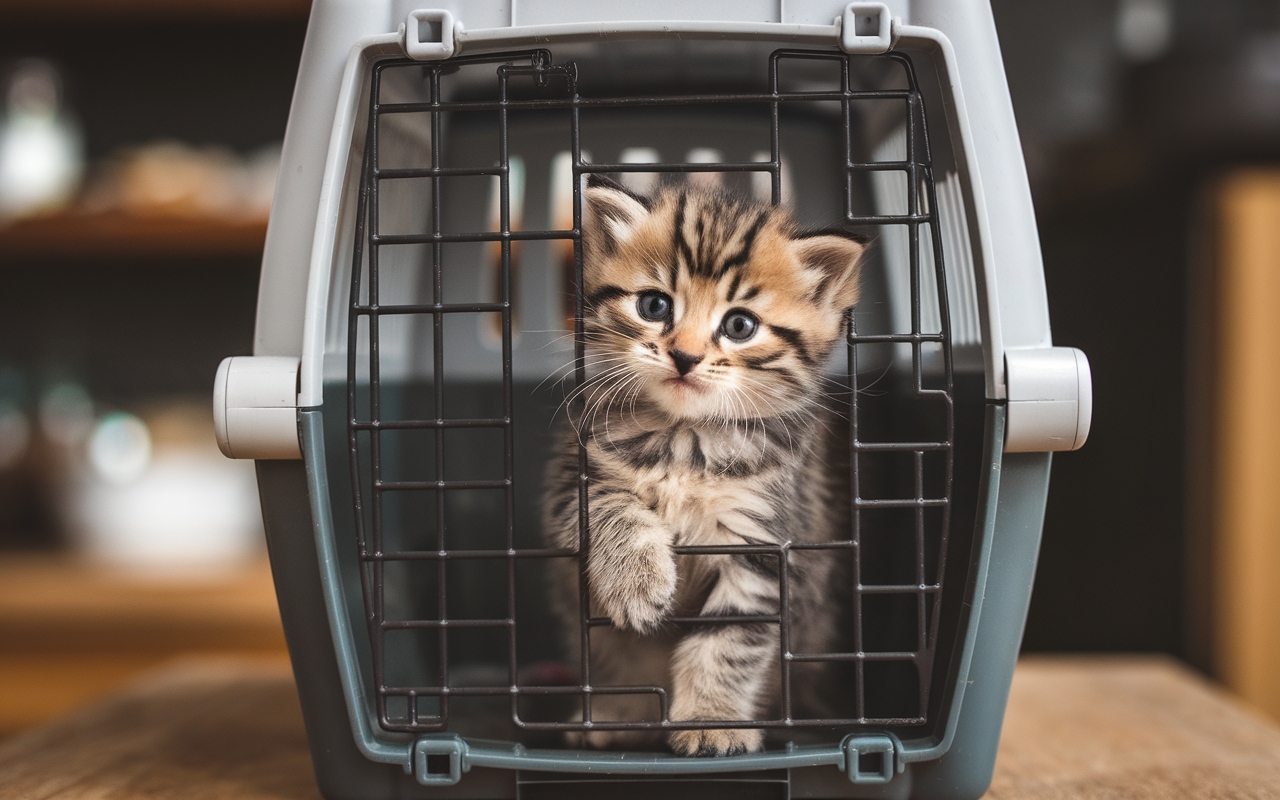 A small tabby kitten with blue eyes peeks out from a secure pet carrier, looking curious and slightly hesitant about traveling. The carrier has a black metal door and a sturdy gray plastic frame, placed on a wooden surface indoors.