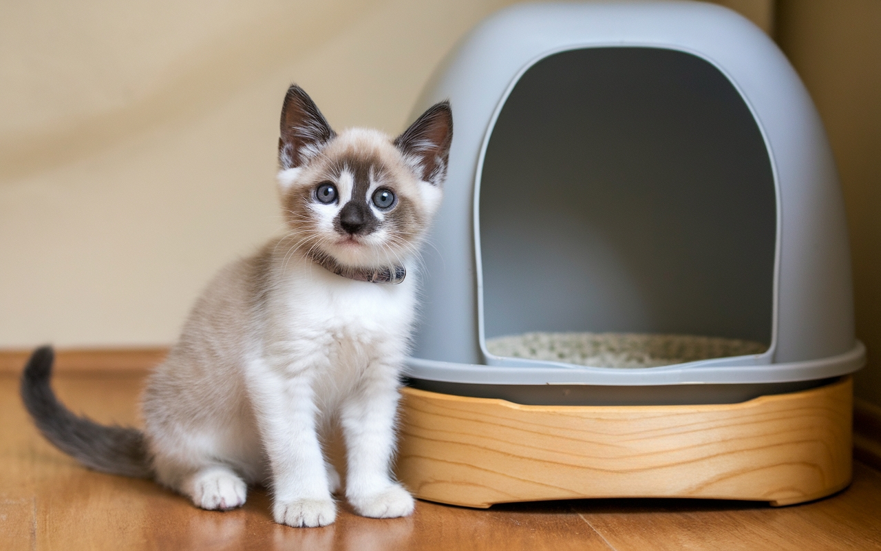 A Siamese kitten with blue eyes sits attentively next to a modern, enclosed litter box with wooden trim. The kitten looks curious and alert, appearing ready to explore or use the litter box.